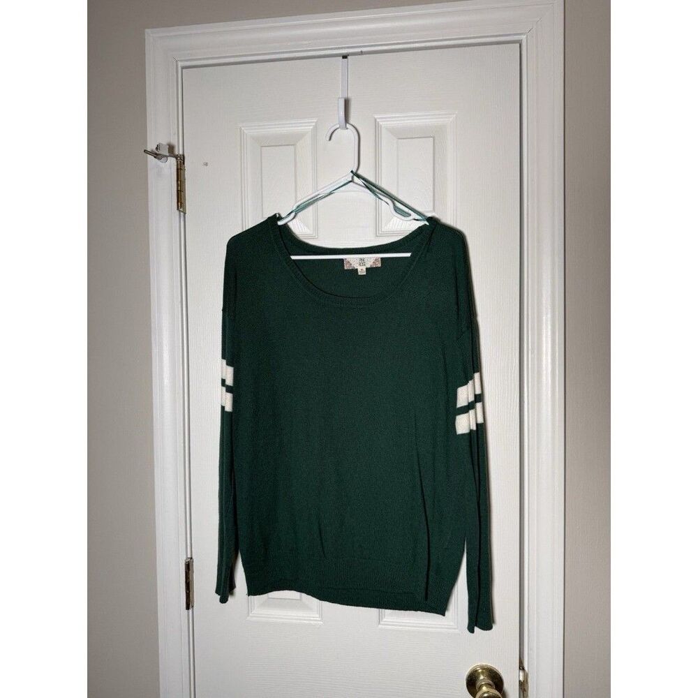 Pink Rose Women’s Green Long Sleeve Knit Top White Stripe Sleeves XL New